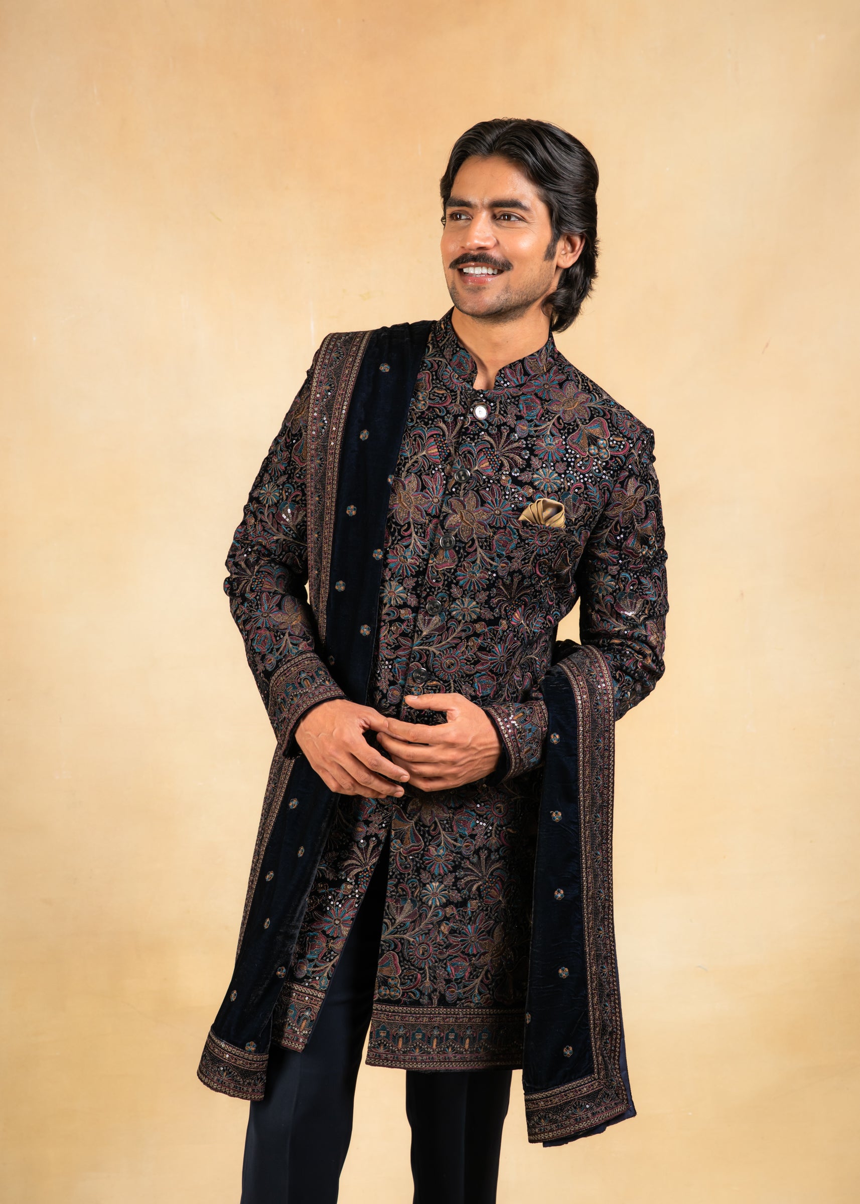 Multicoloured velvet indowestern with stole