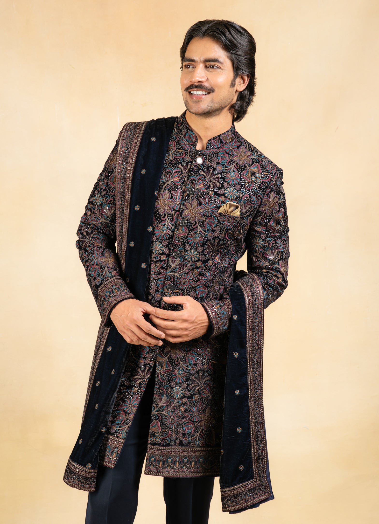 Multicoloured velvet indowestern with stole