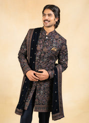 Multicoloured velvet indowestern with stole