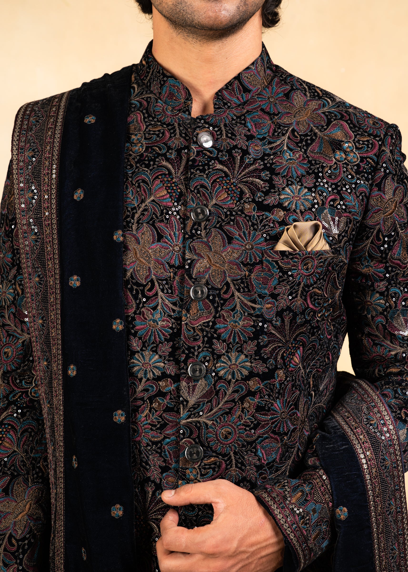 Multicoloured velvet indowestern with stole
