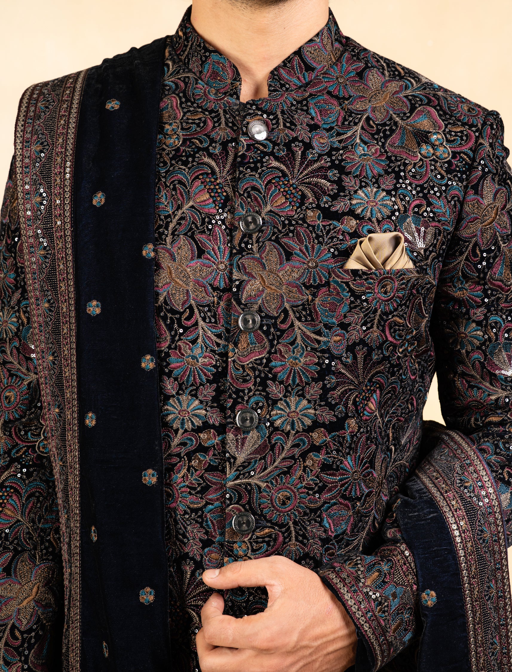 Multicoloured velvet indowestern with stole