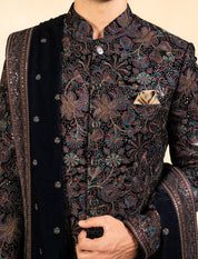 Multicoloured velvet indowestern with stole