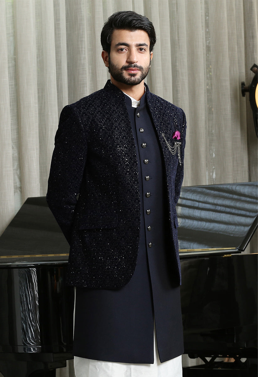 Men's Navy Bandhgala and Long Jacket - Sophisticated and Stylish

