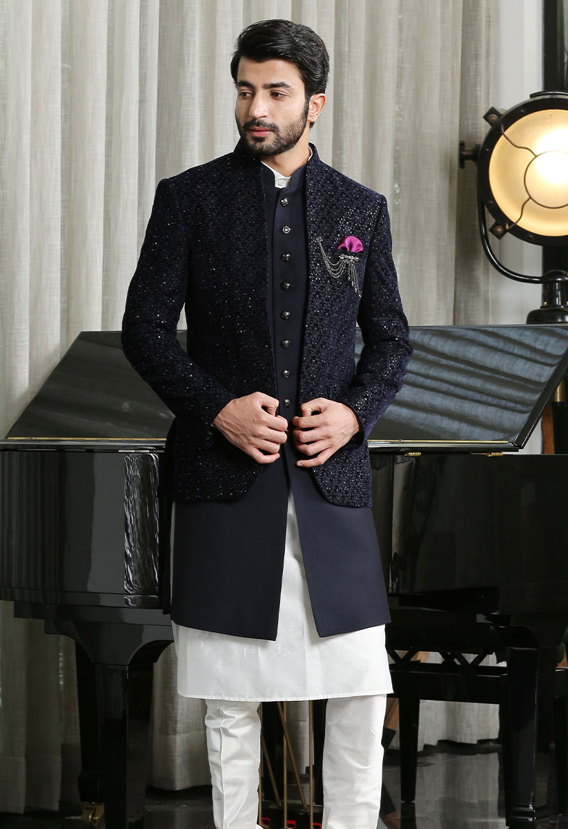 Navy Embroidered Bandhgala with Long Jacket
