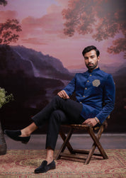 Navy Blue Bandhgala with Hand Embroidered Lion
