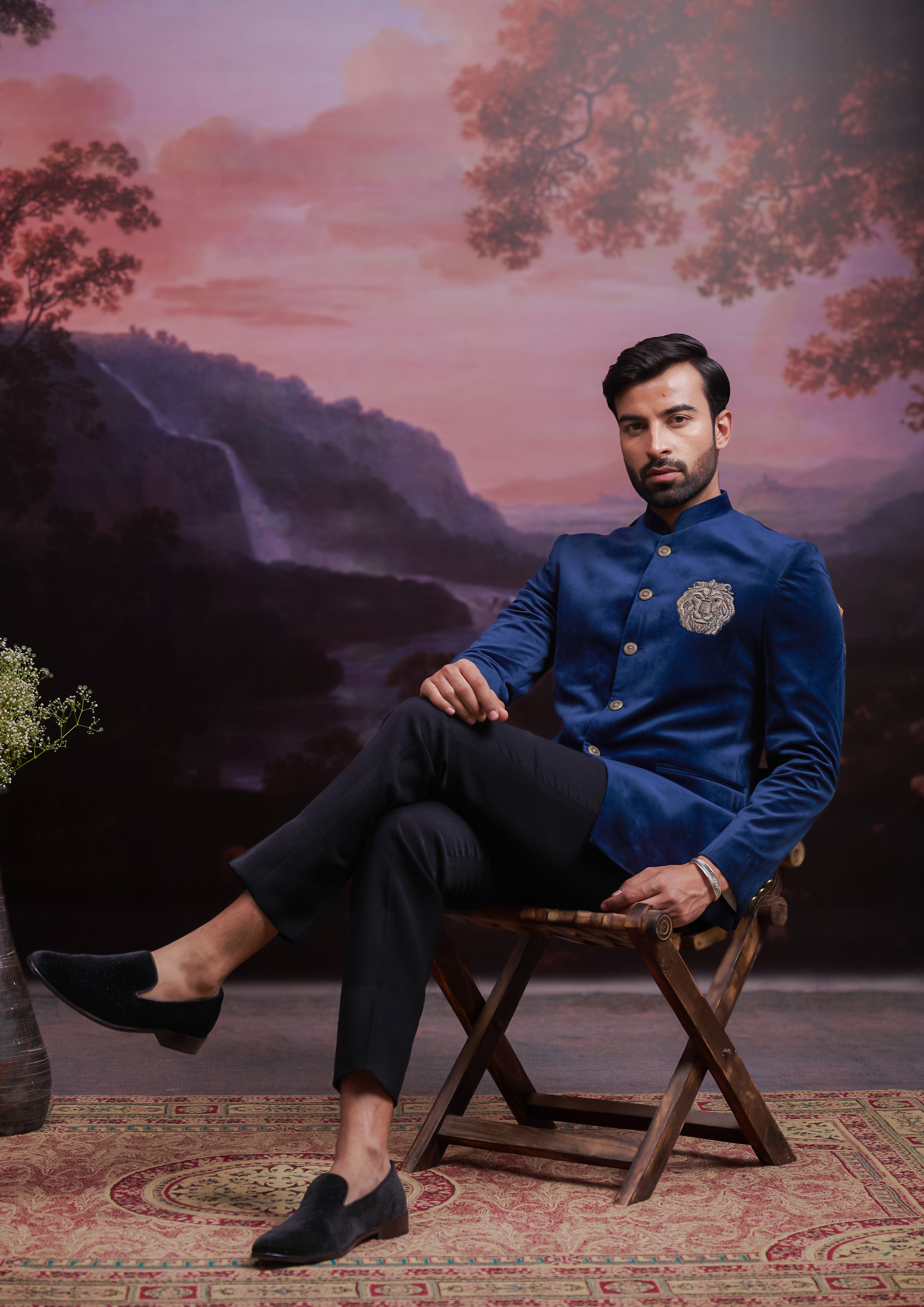Navy Blue Bandhgala with Hand Embroidered Lion