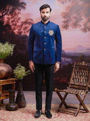 Navy Blue Bandhgala with Hand Embroidered Lion