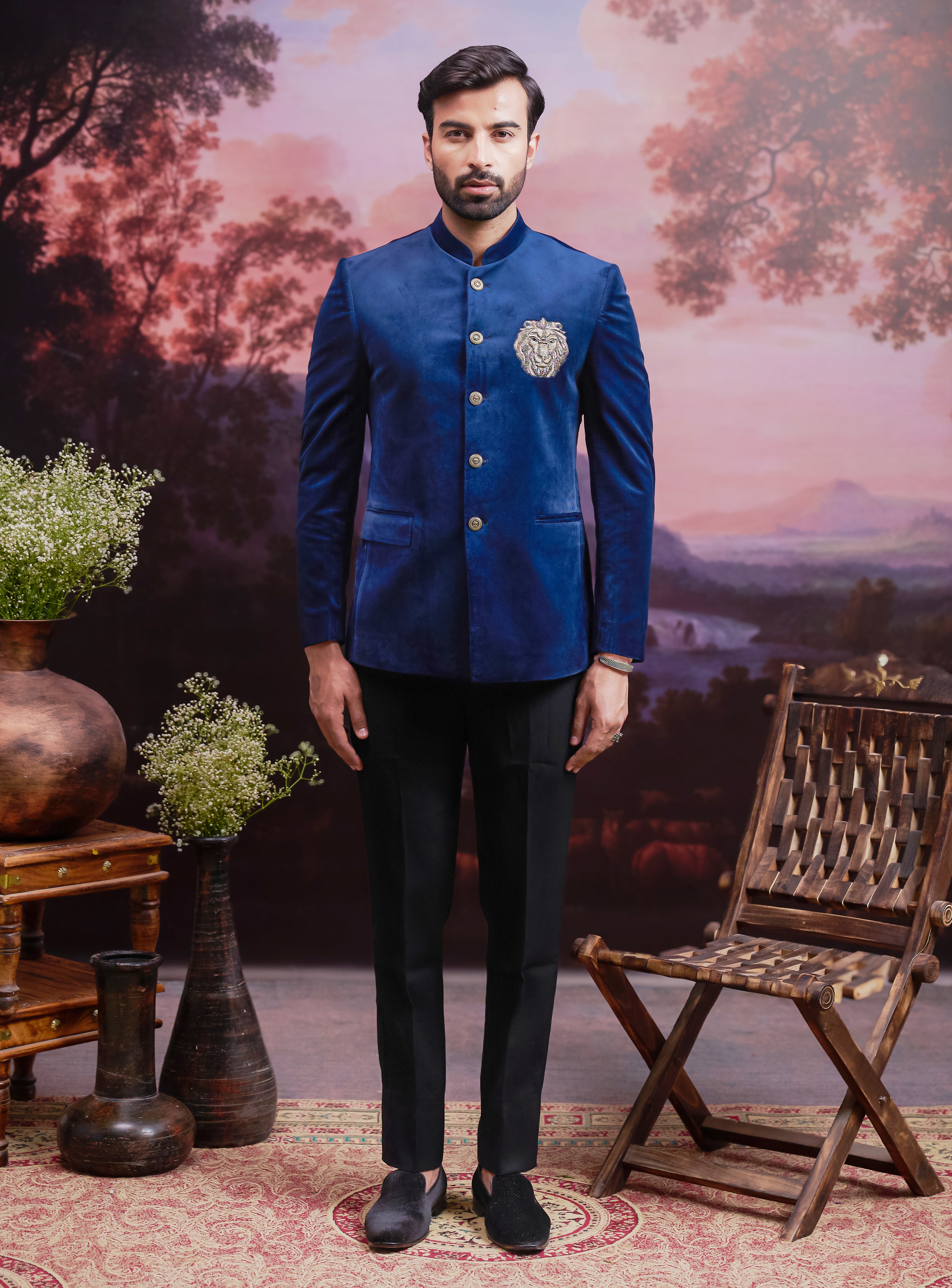 Navy Blue Bandhgala with Hand Embroidered Lion