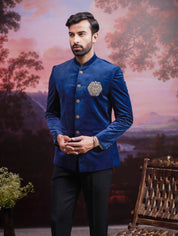 Navy Blue Bandhgala with Hand Embroidered Lion