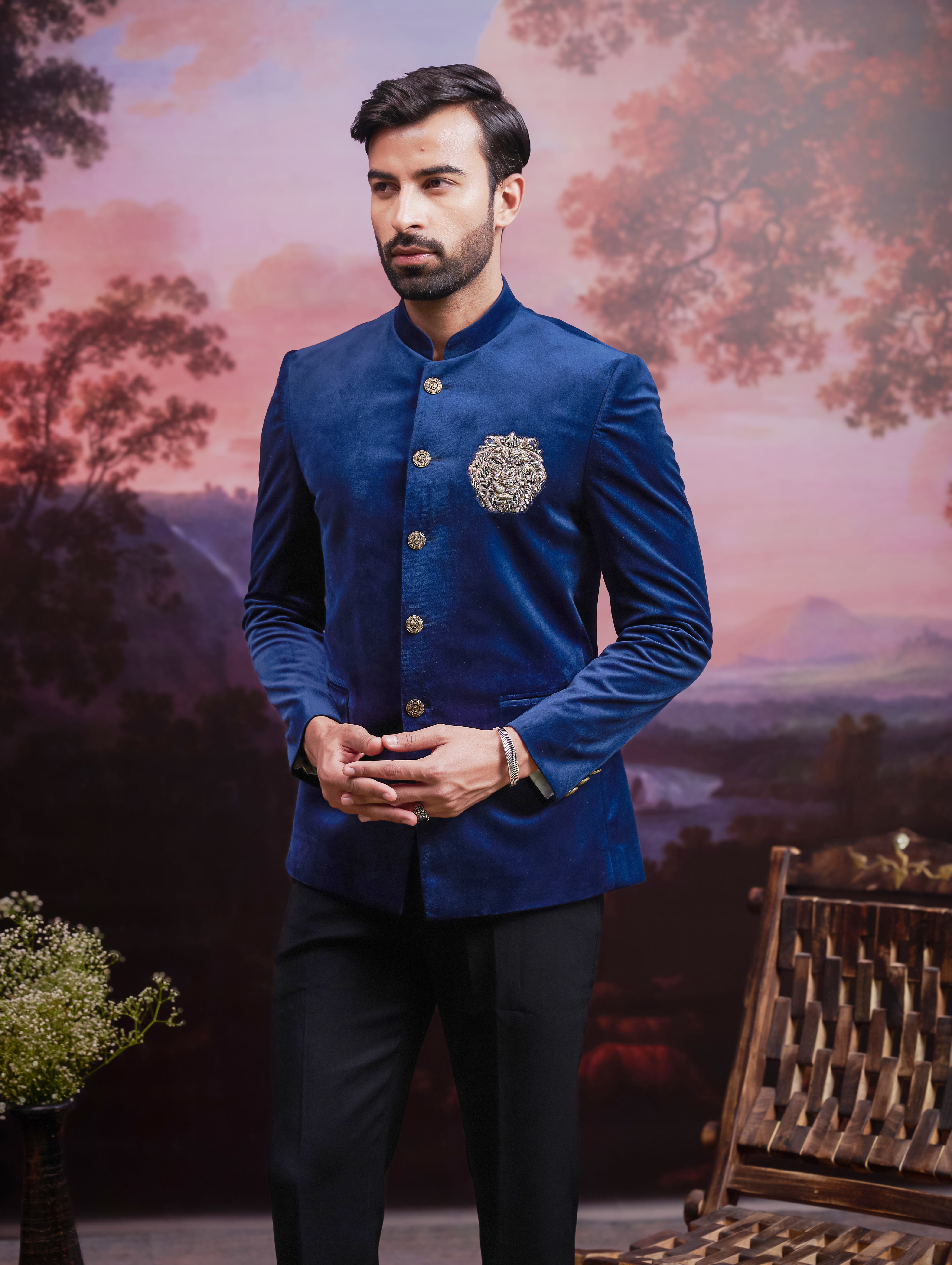 Navy Blue Bandhgala with Hand Embroidered Lion