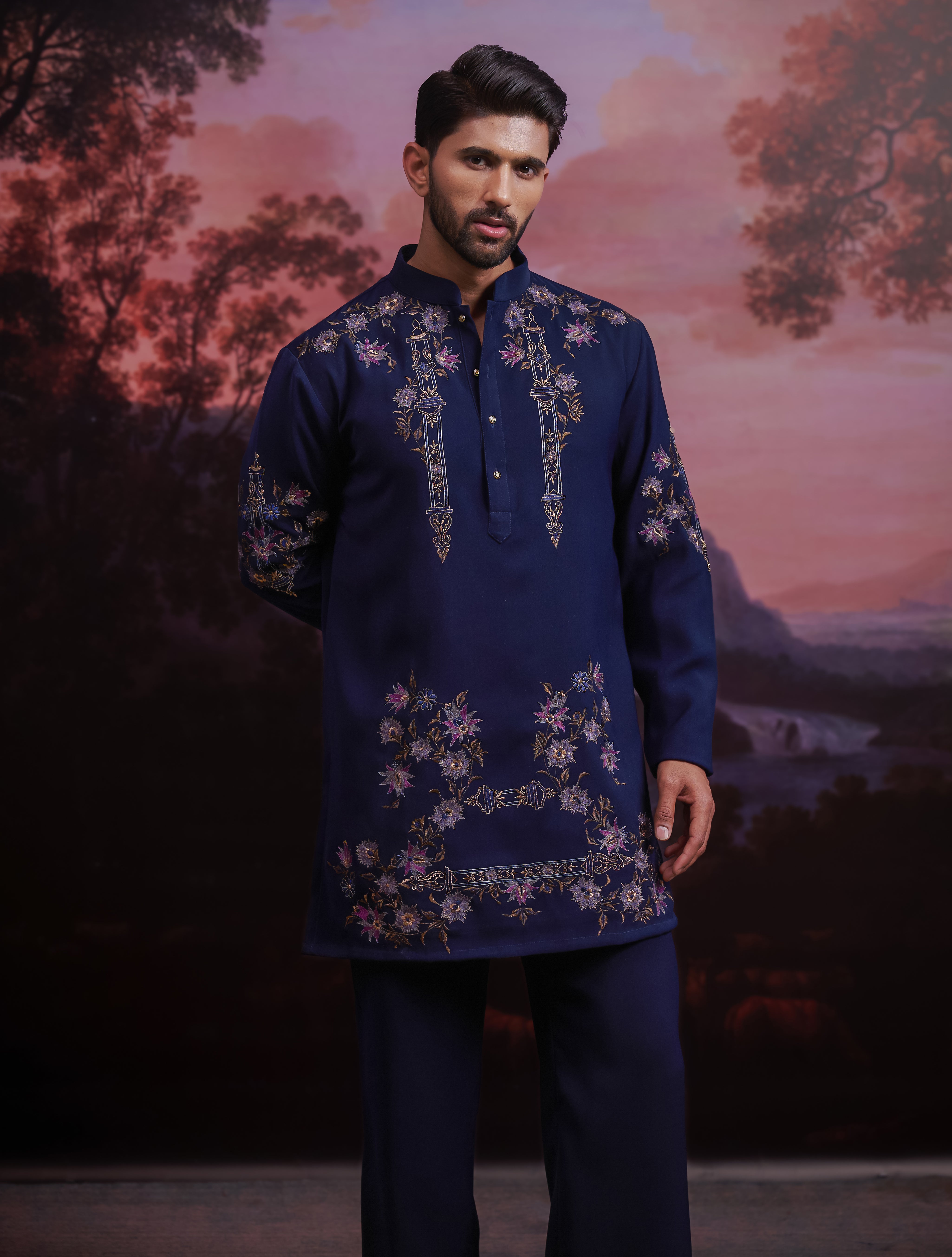 Navy Blue Embroidered Kurta Set
