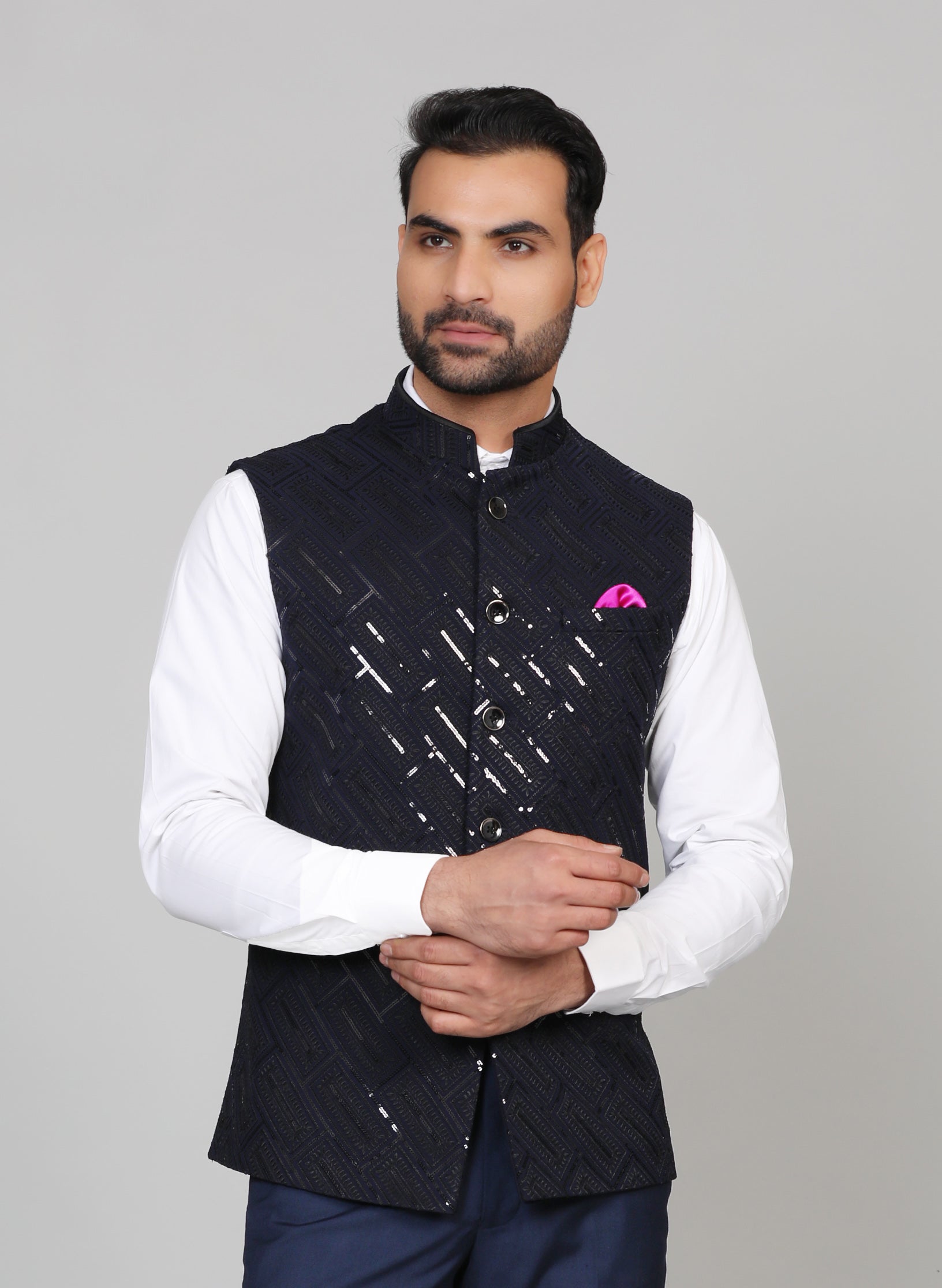 Navy Blue Sequin-Embellished Jacket