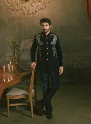 Navy Embroidered Bandhgala in Velvet