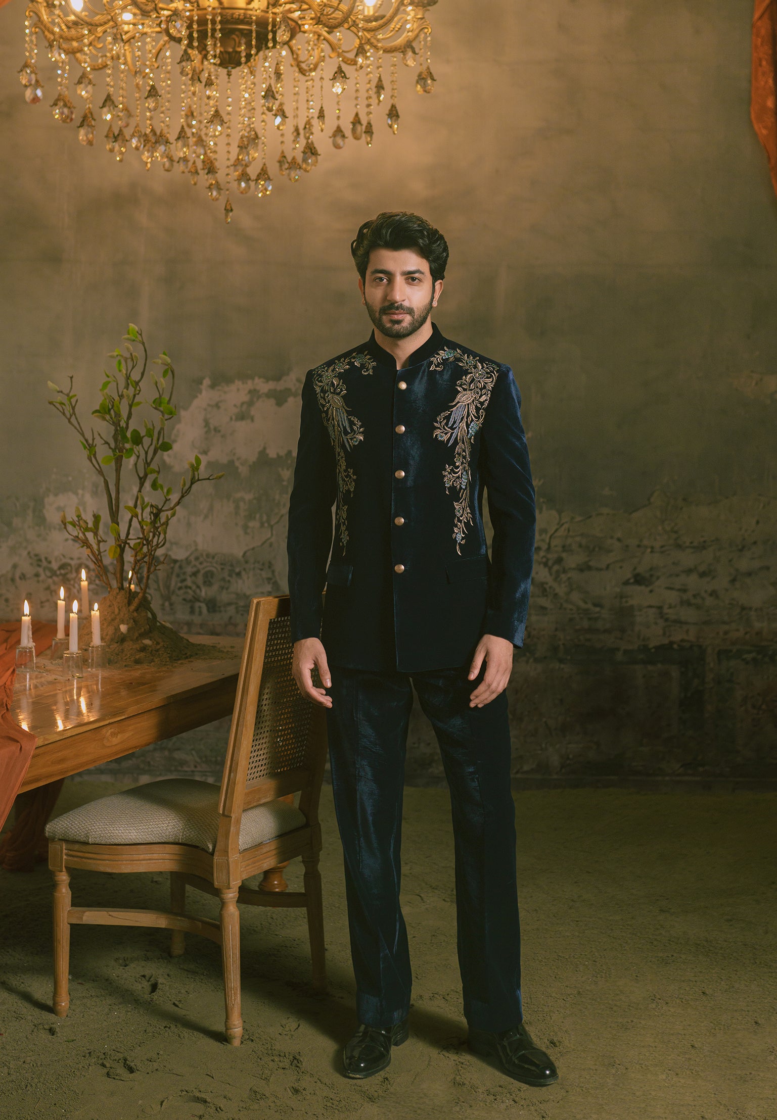 Navy Embroidered Bandhgala in Velvet