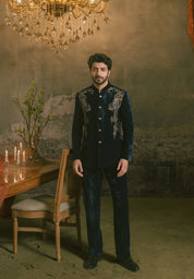 Navy Embroidered Bandhgala in Velvet