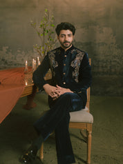 Navy Embroidered Bandhgala in Velvet