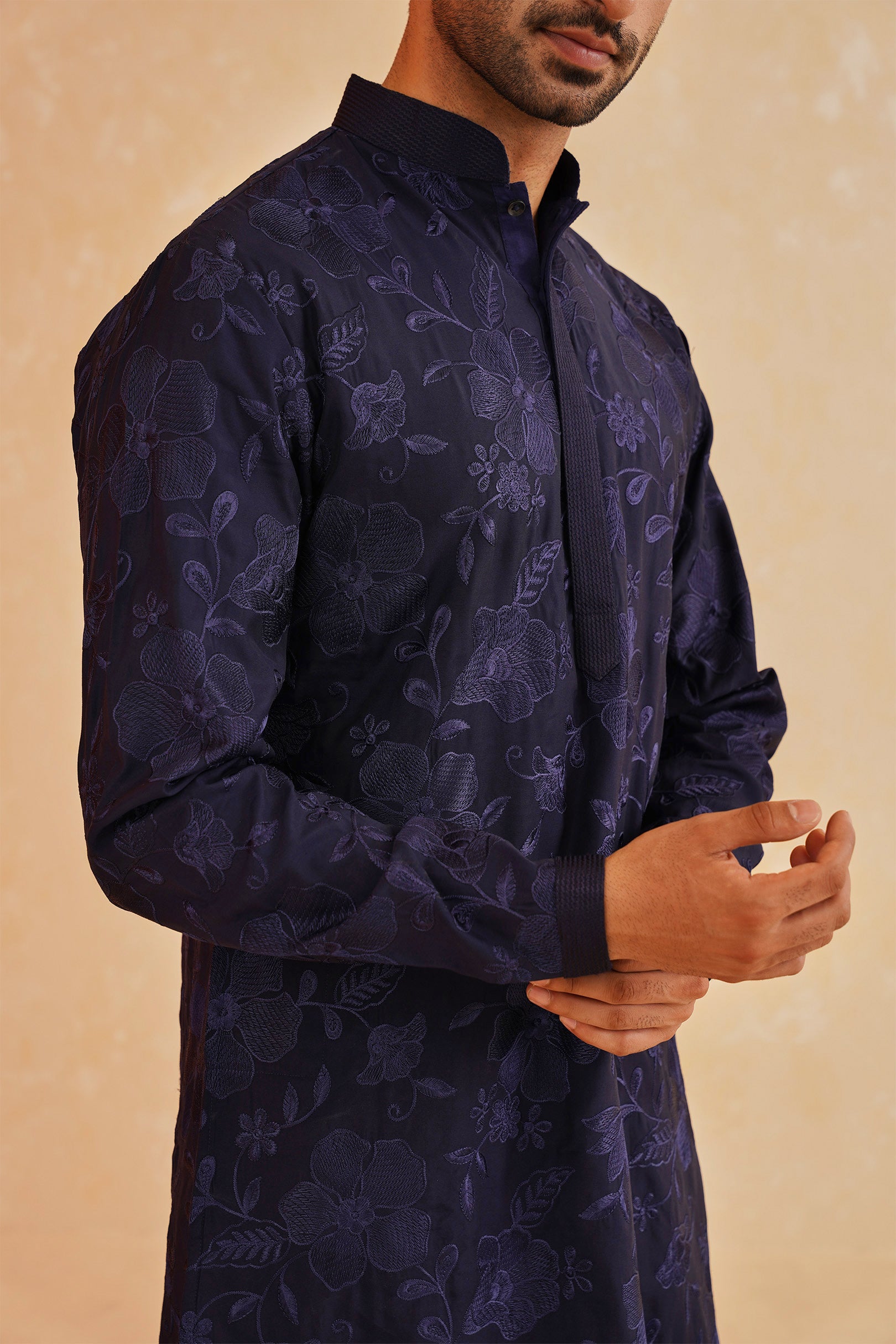Stylish Navy Blue Kurta Set with All-Over Embroidery - Perfect for Festive Occasions

