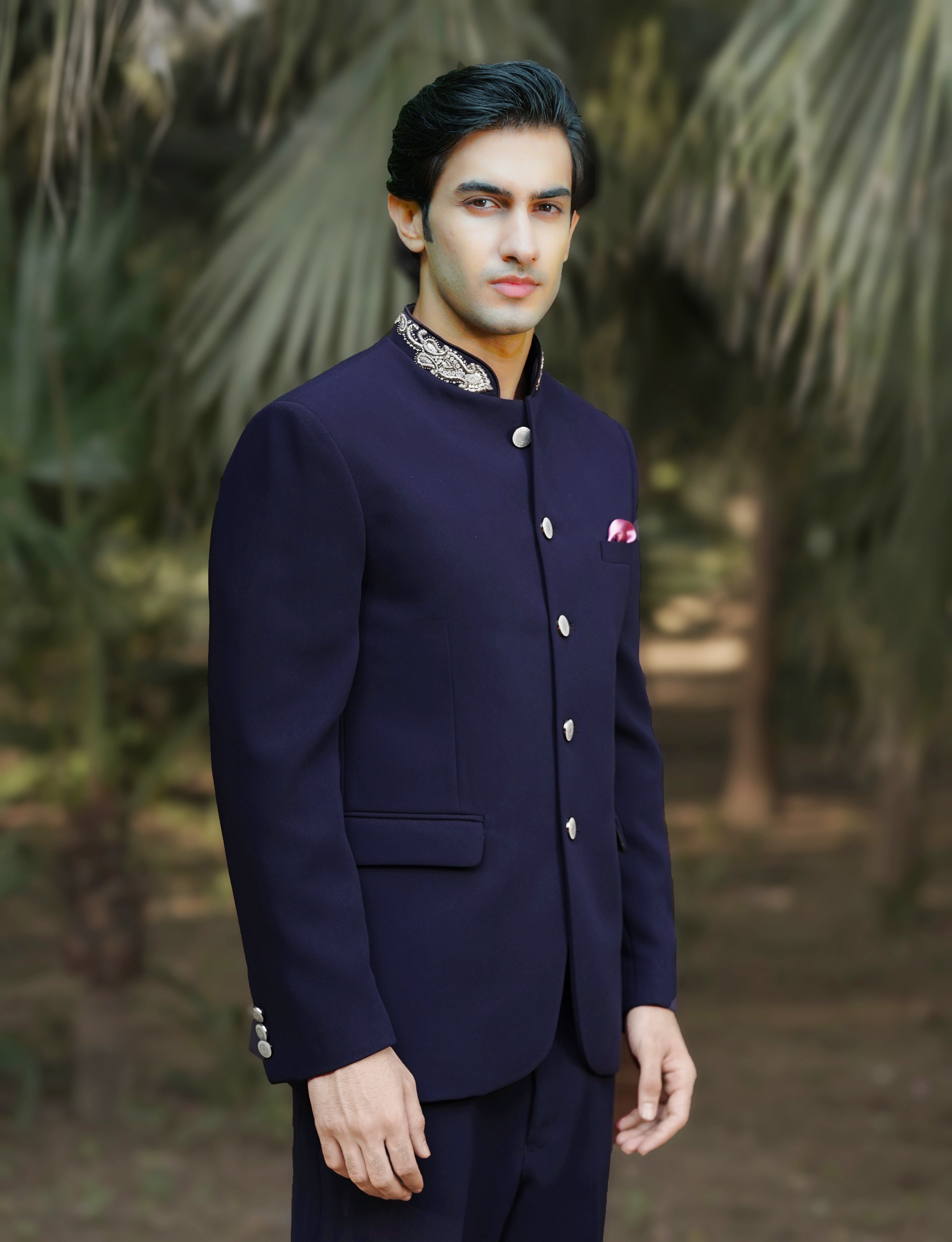 Navy Blue Bandhgala with Color Embroidered – Bonsoir