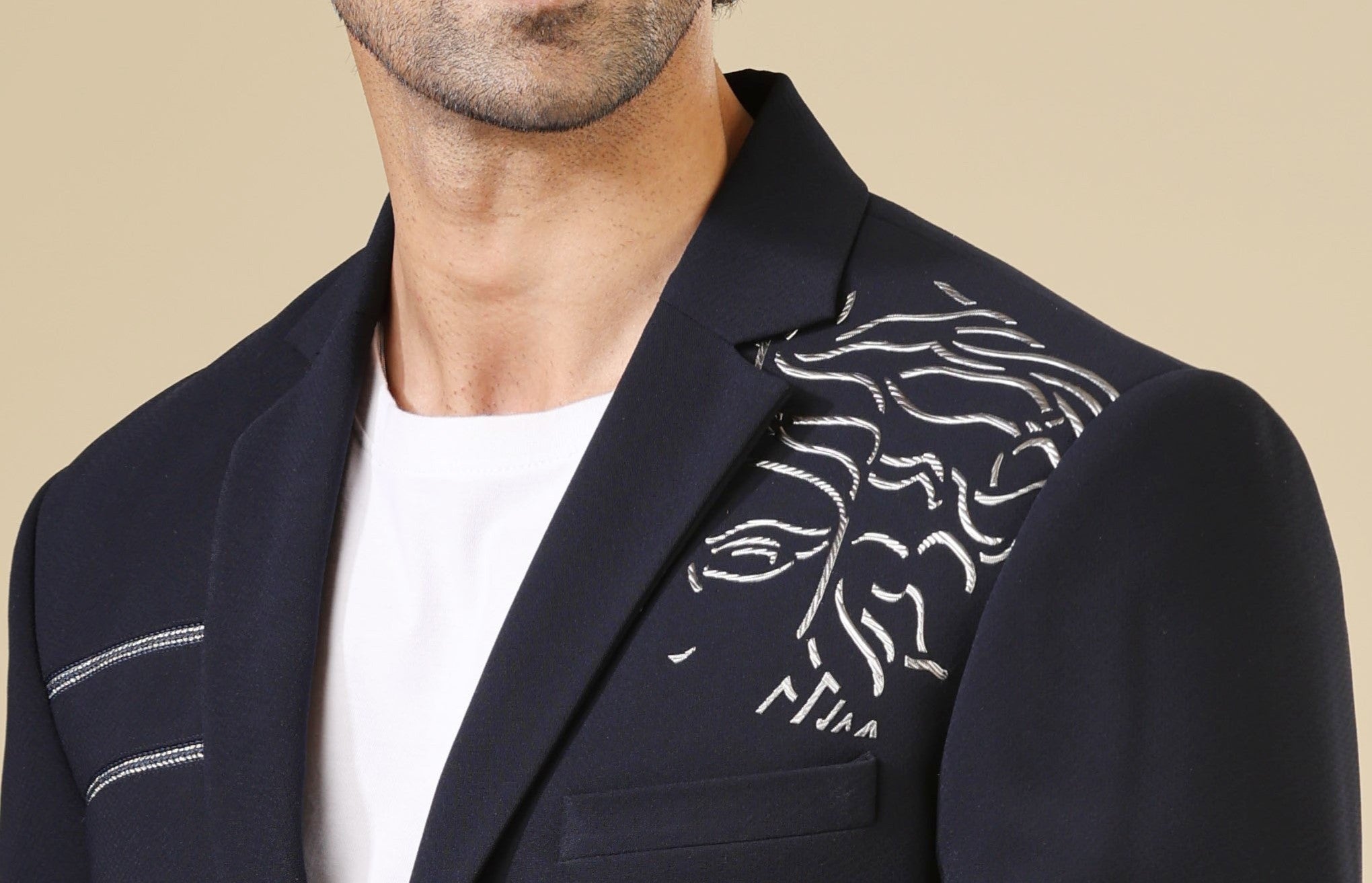 Navy Blue Blazer with Abstract Design - Main Image