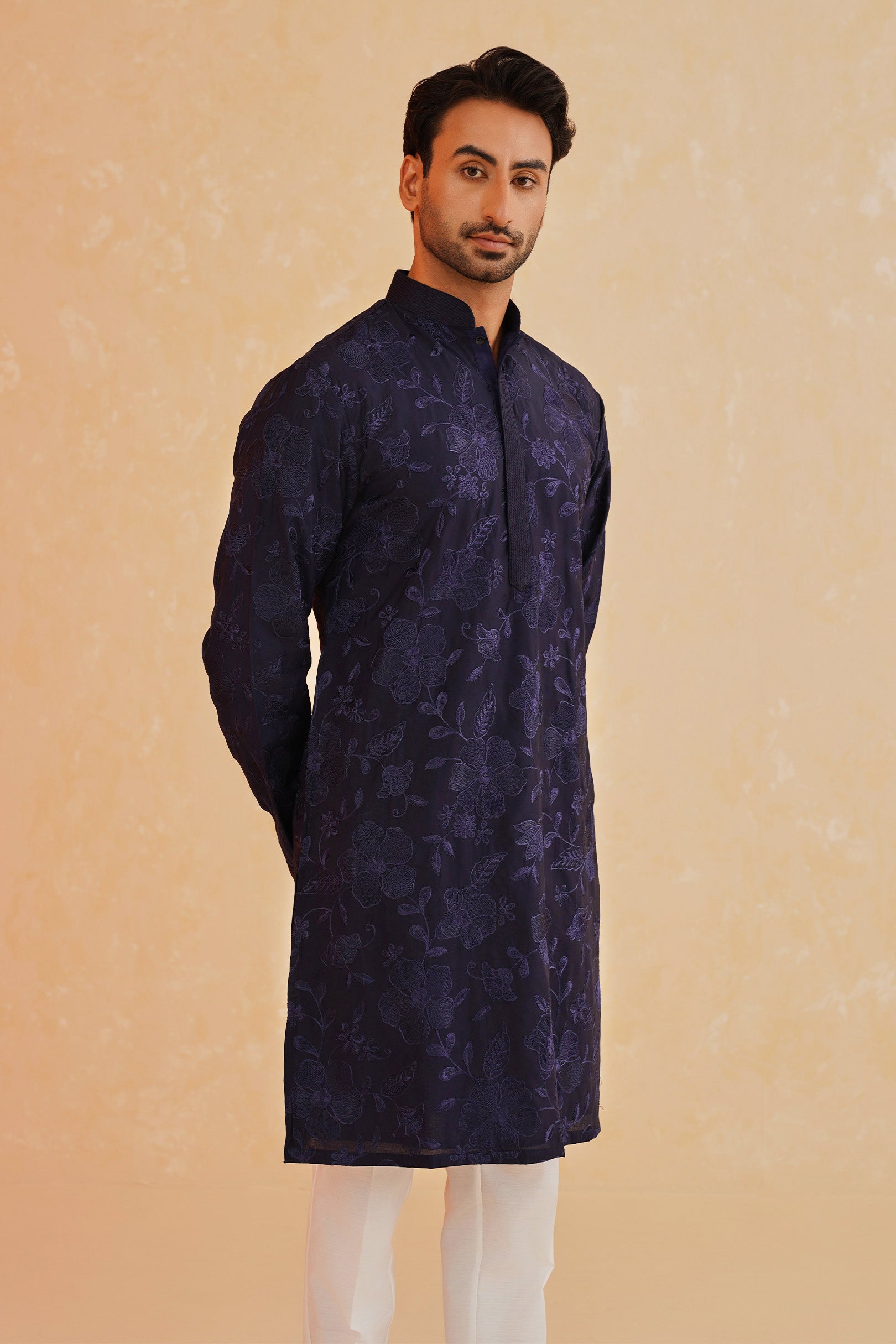 Men's Navy Blue Fully Embroidered Kurta Pyjama Set - Traditional Indian Attire

