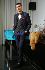 A trendy navy blue jacquard designer suit with embroidery, urban style.
