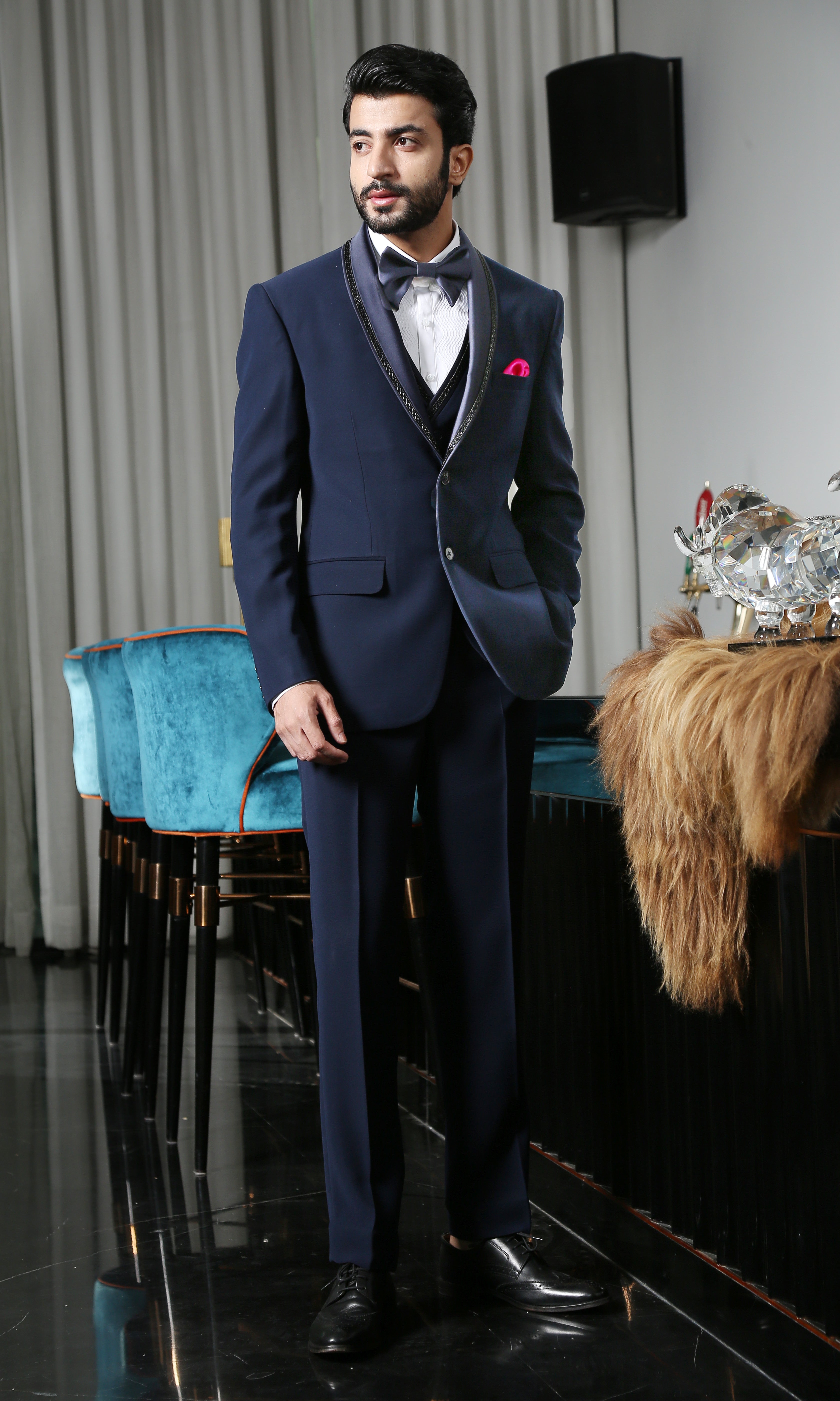 Navy Blue Men's Designer Suit with Embroidery