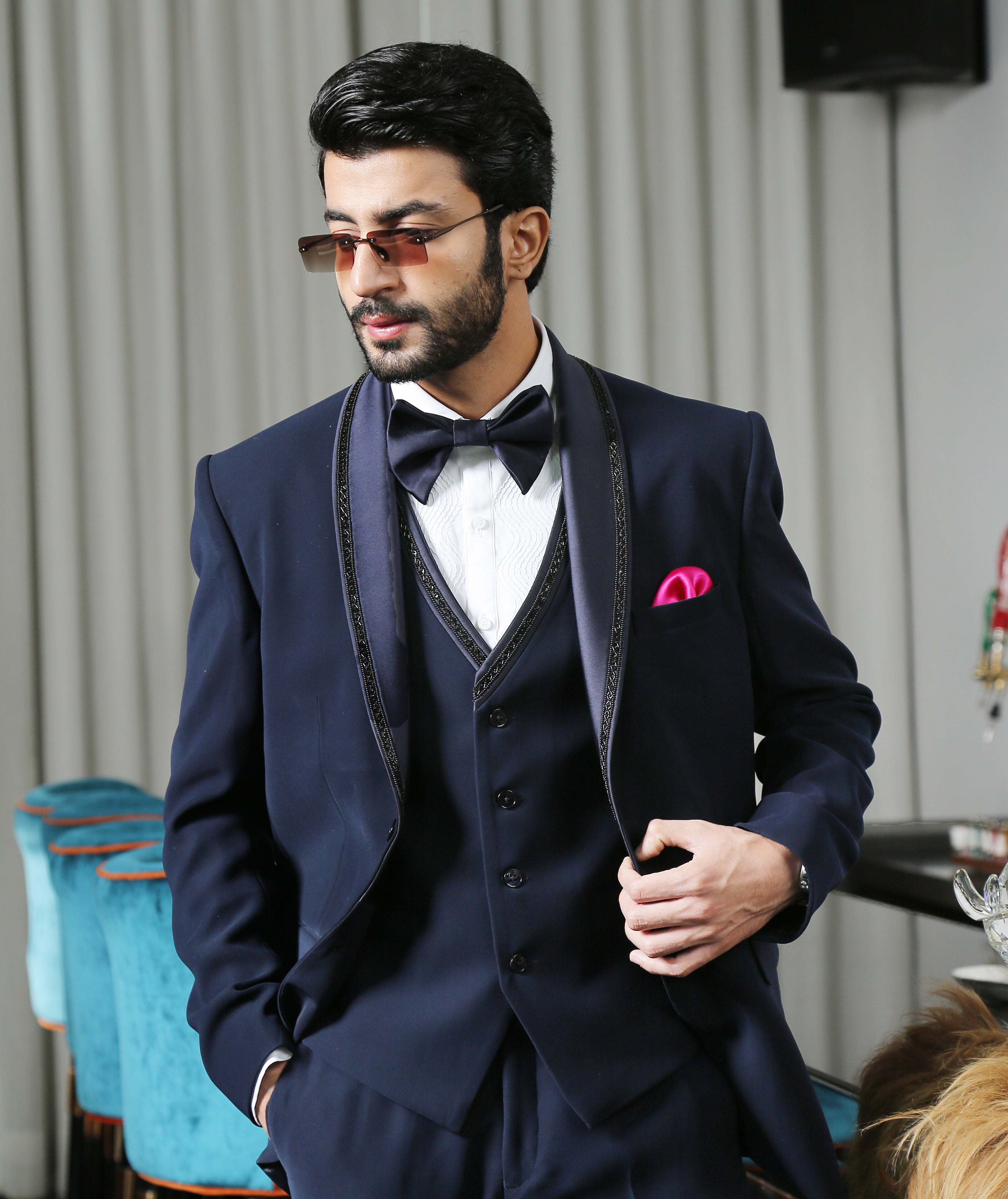 Navy Blue Men's Designer Suit with Embroidery Bonsoir | Terry Rayon 44 Navy Blue Men's Designer Suit with Embroidery Bonsoir | Terry Rayon 44