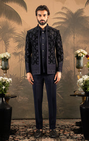 Men's Navy Embroidered Open Bandhgala - Modern Indian Attire

