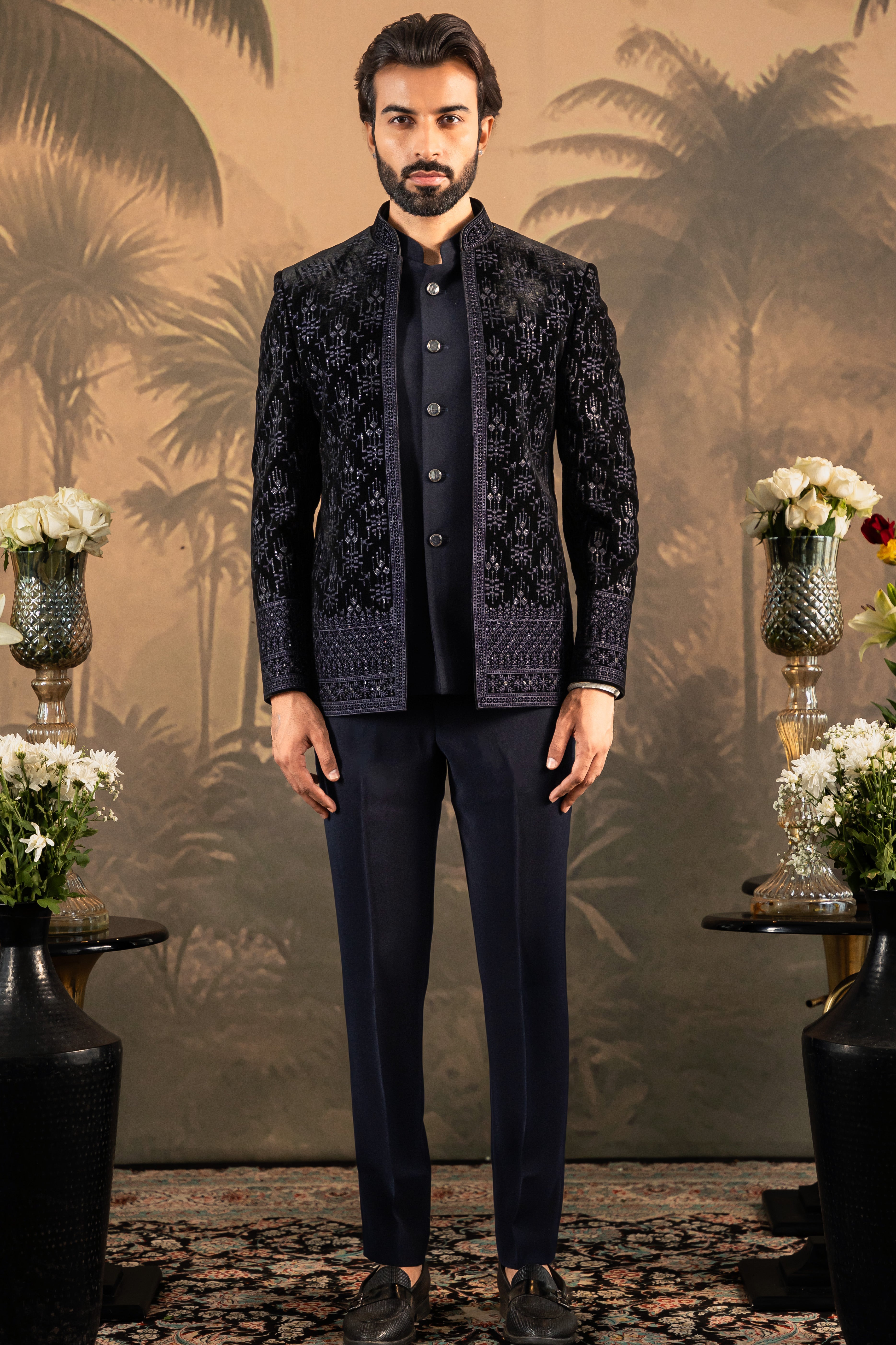 Men's Navy Embroidered Open Bandhgala - Modern Indian Attire

