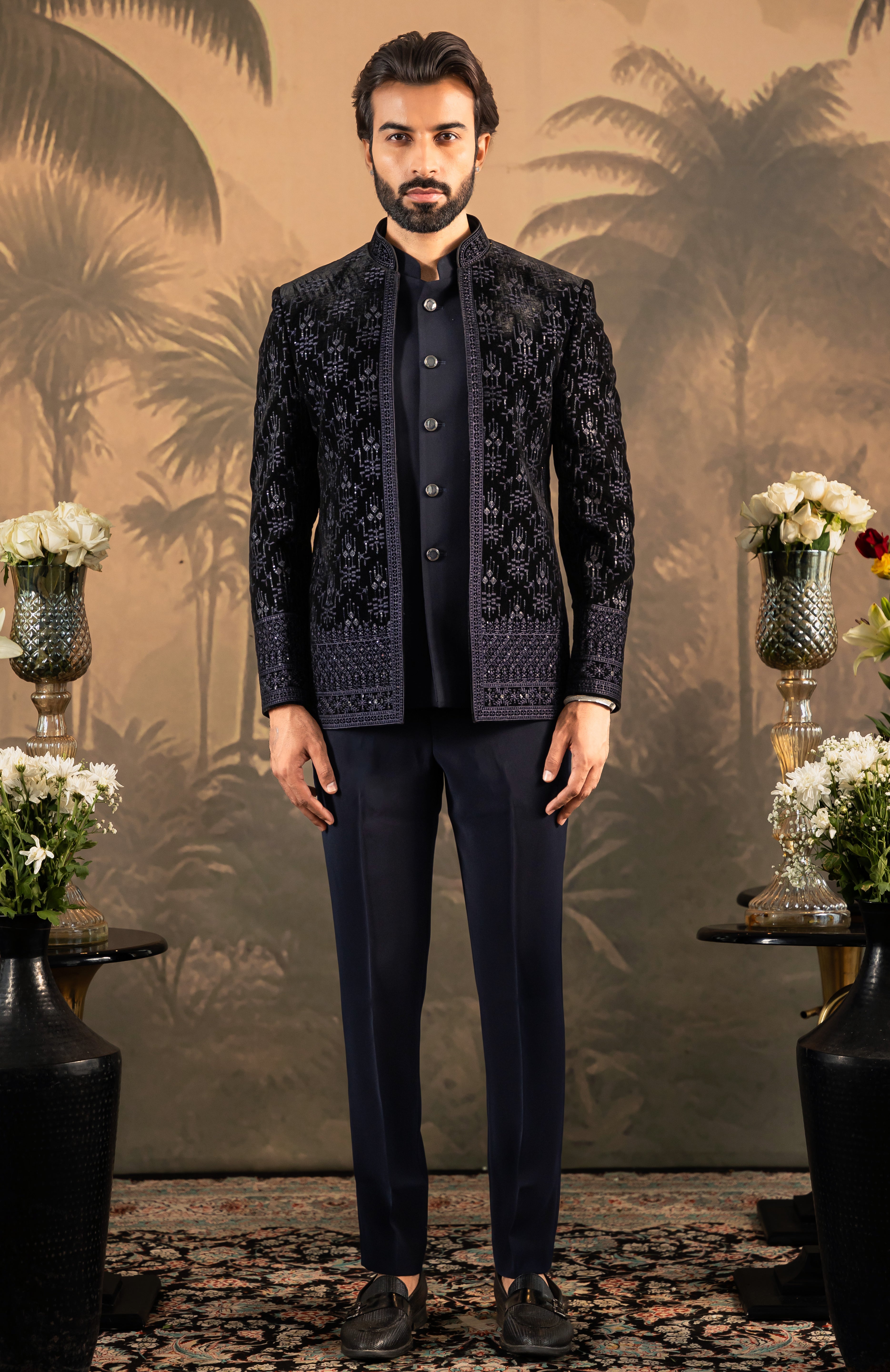 Men&#39;s Navy Embroidered Open Bandhgala - Modern Indian Attire

