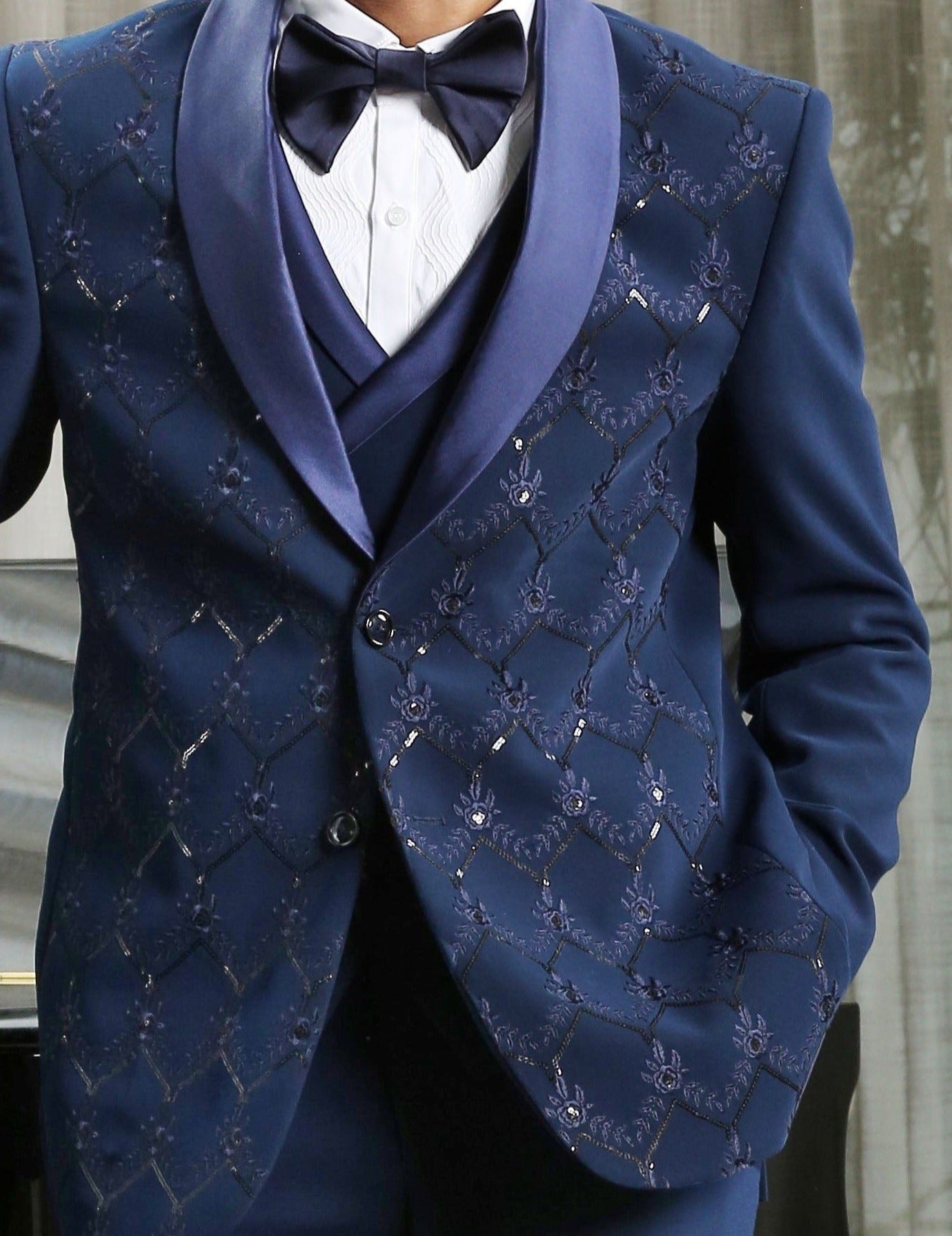 Stylish Navy Designer Suit with All-Over Embroidery - Perfect for Weddings and Formal Occasions

