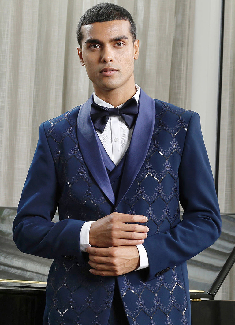 Men's Navy Fully Embroidered Designer Suit - Luxury Formal Wear


