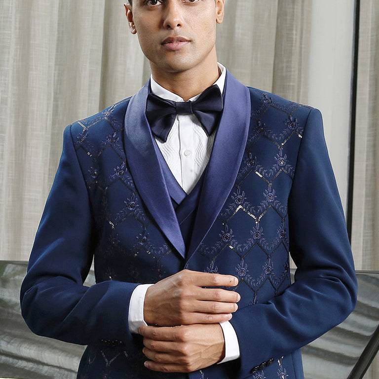 Men's Navy Fully Embroidered Designer Suit - Luxury Formal Wear

