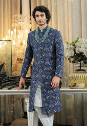  Men's Navy Fully Embroidered Sherwani - Luxury Indian Wedding Wear
