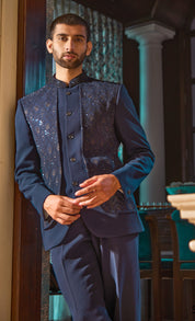 Timeless Navy Blue Bandhgala with Exquisite Crystal Work and Embroidery for a Regal Look



