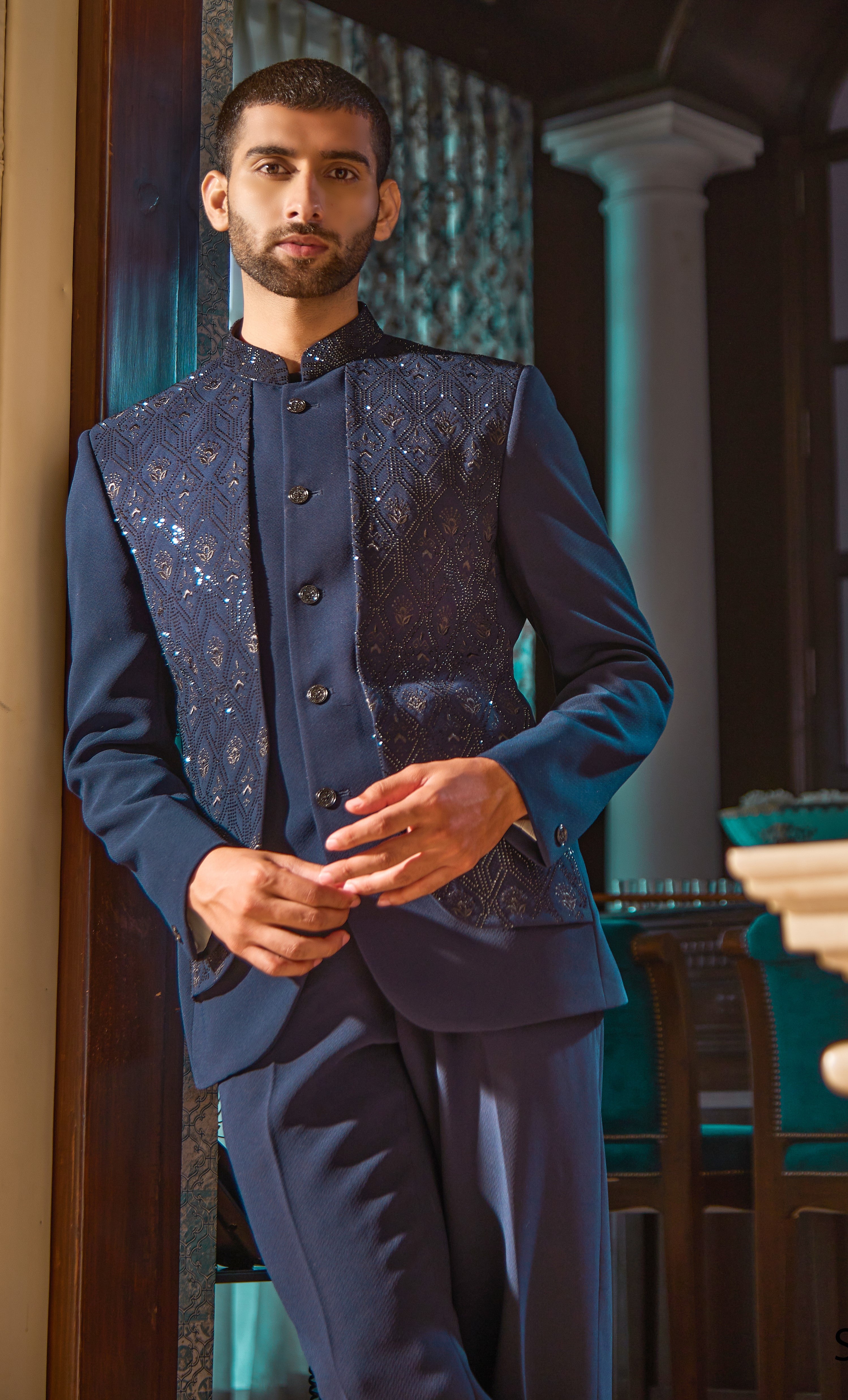 Timeless Navy Blue Bandhgala with Exquisite Crystal Work and Embroidery for a Regal Look



