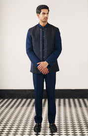 A versatile navy blue embroidered open jacket bandhgala, suitable for various occasions.
