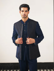 A stylish navy blue embroidered open jacket bandhgala, perfect for festive occasions.
