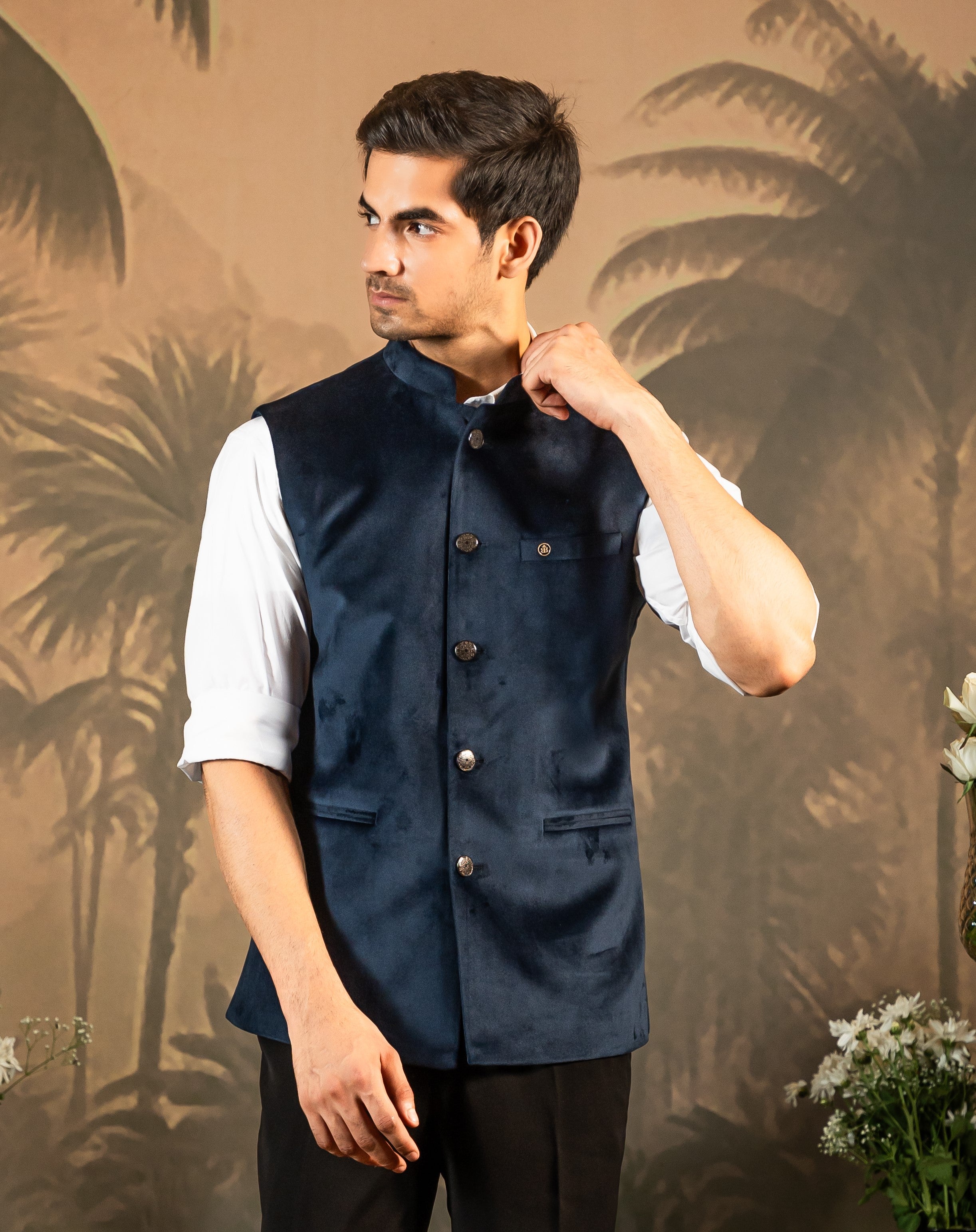 Men's Navy Blue Velvet Jacket - Luxury Outerwear

