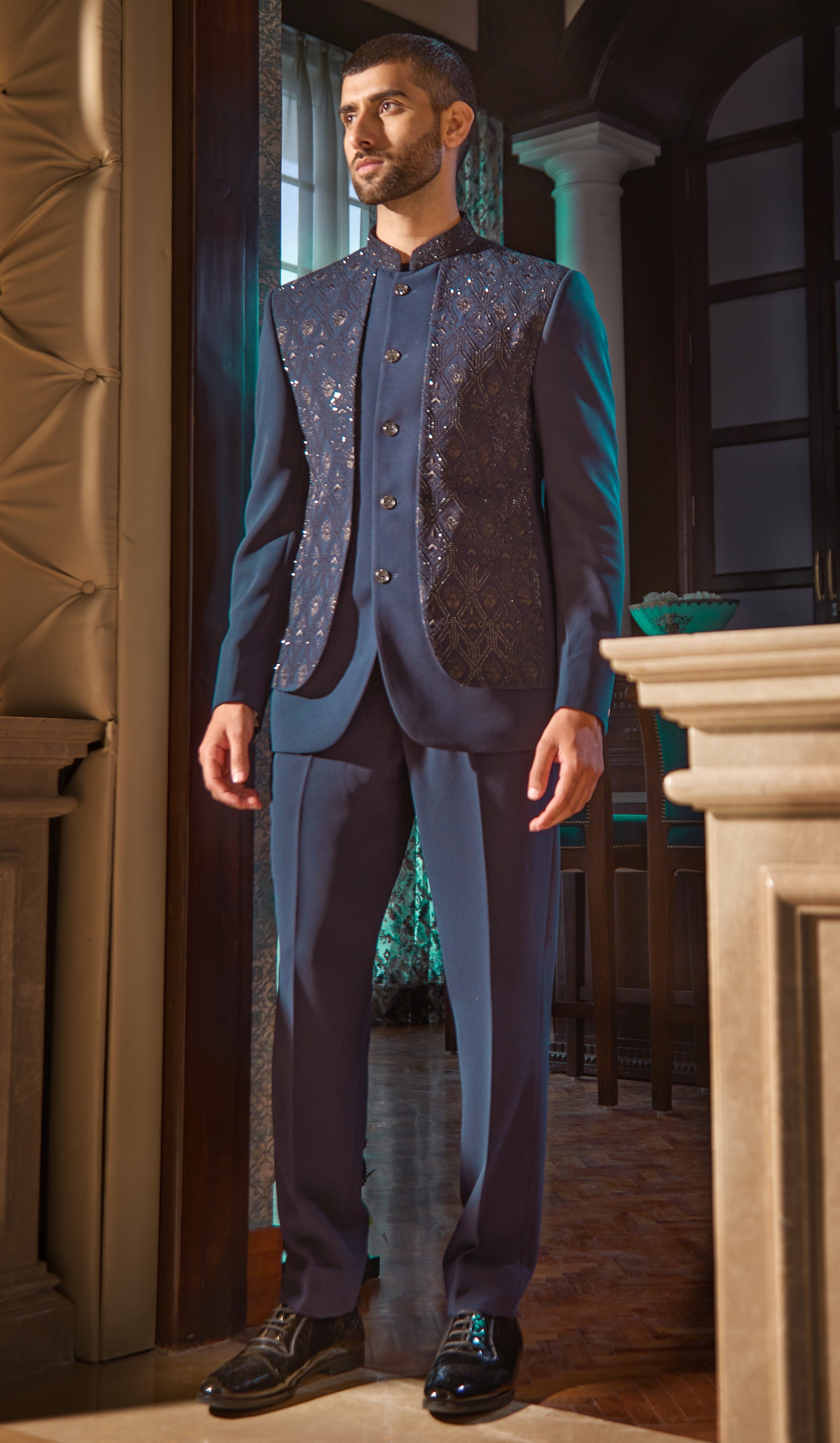 Navy blue Embroidered Bandhgala with Crystal Work