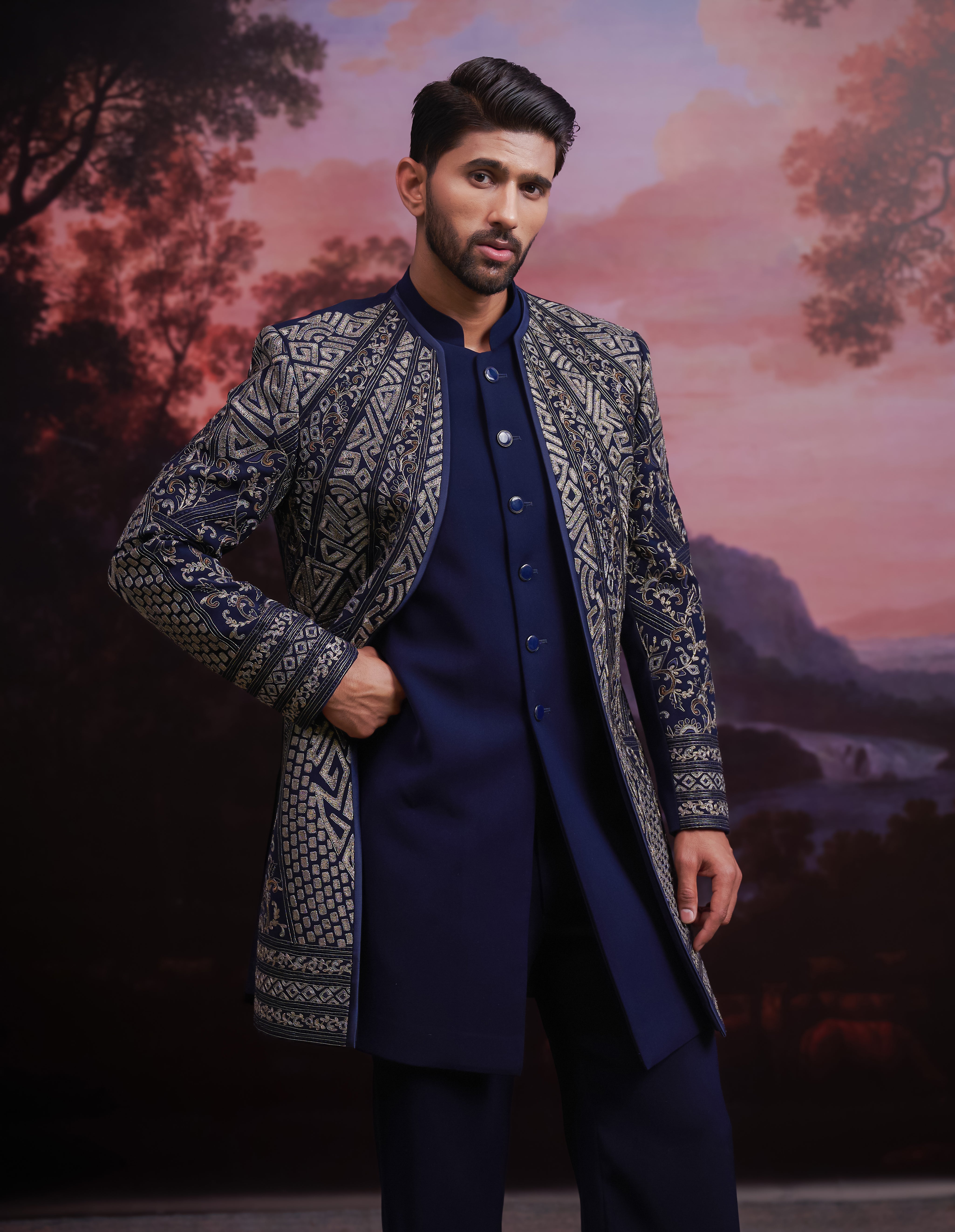 Navy blue Indo-western with Zari Work