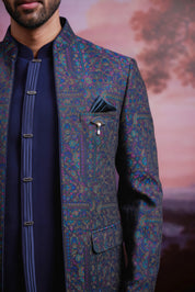 Navy blue Jacquard Open Bandhgala suit