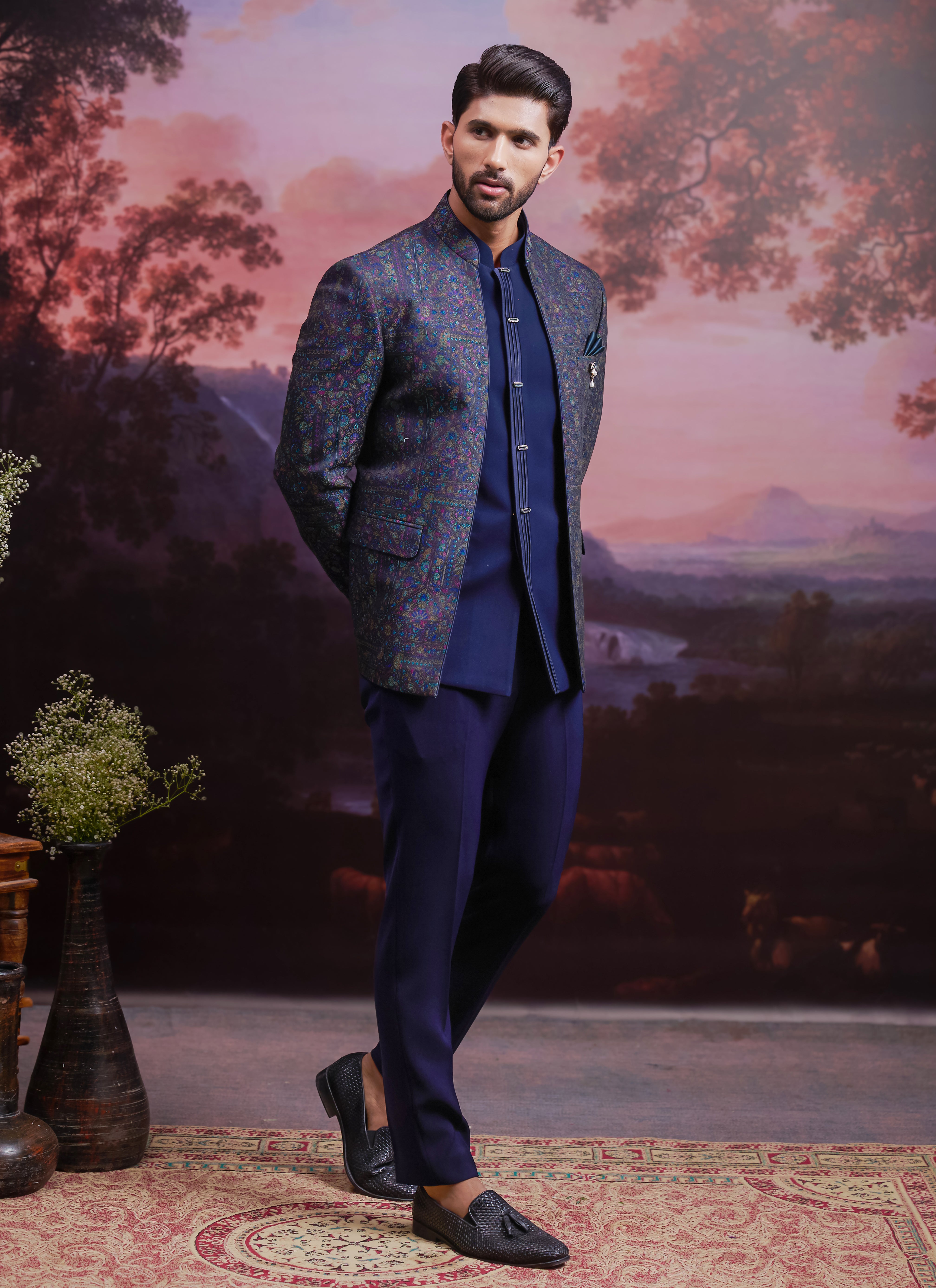 Navy blue Jacquard Open Bandhgala suit