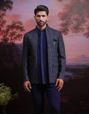 Navy blue Jacquard Open Bandhgala suit
