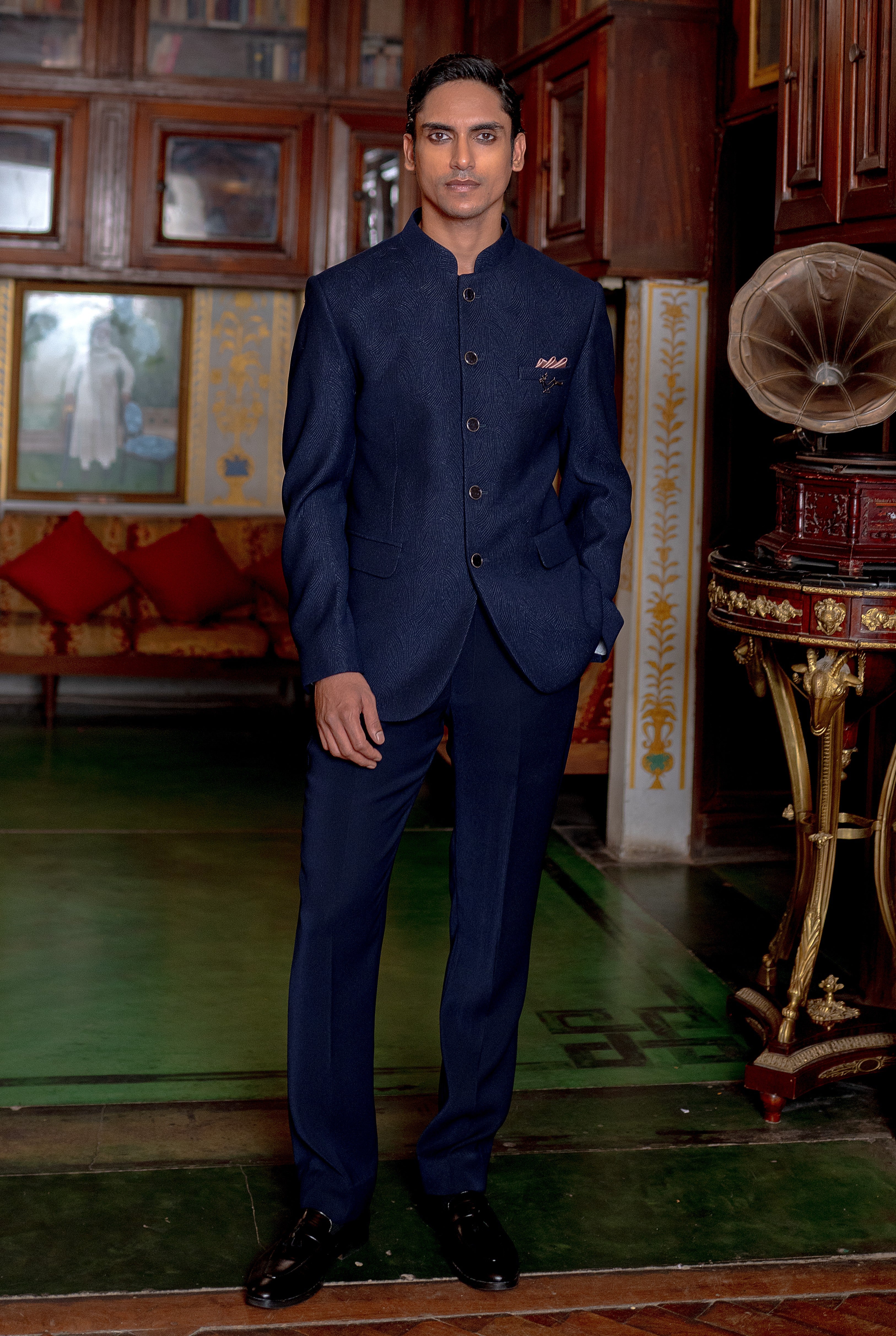 Navy blue Jacquard bandhgala