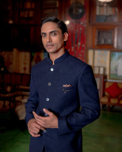 Navy blue Jacquard bandhgala