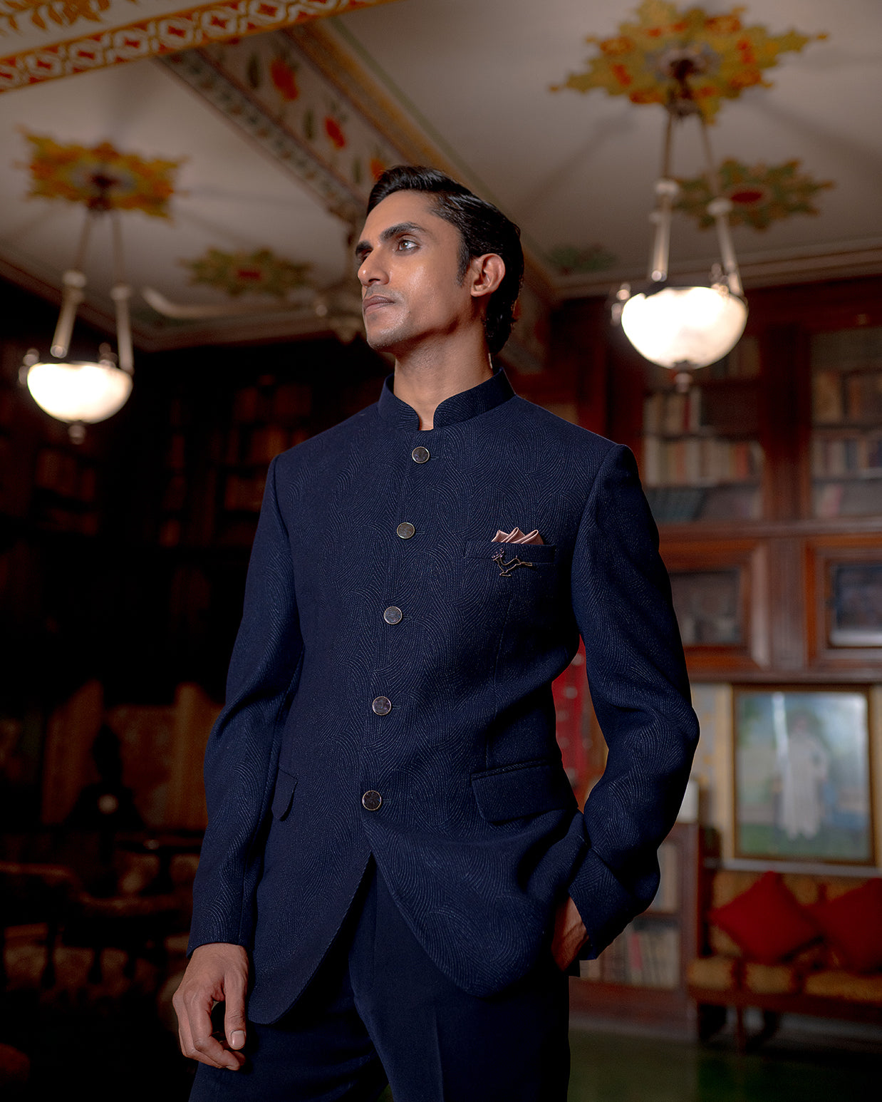 Navy blue Jacquard bandhgala
