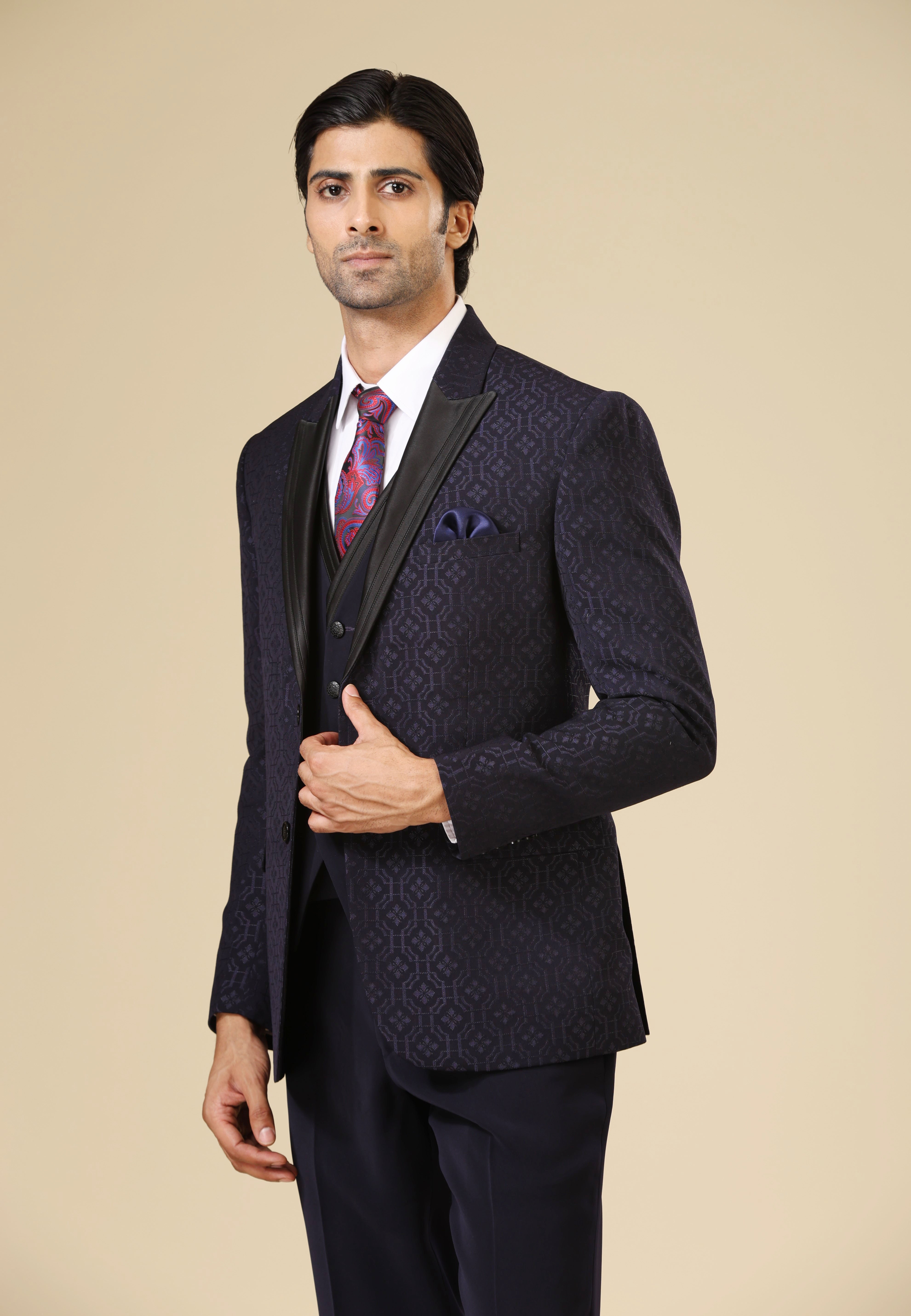Navy blue Textured Designer Suit