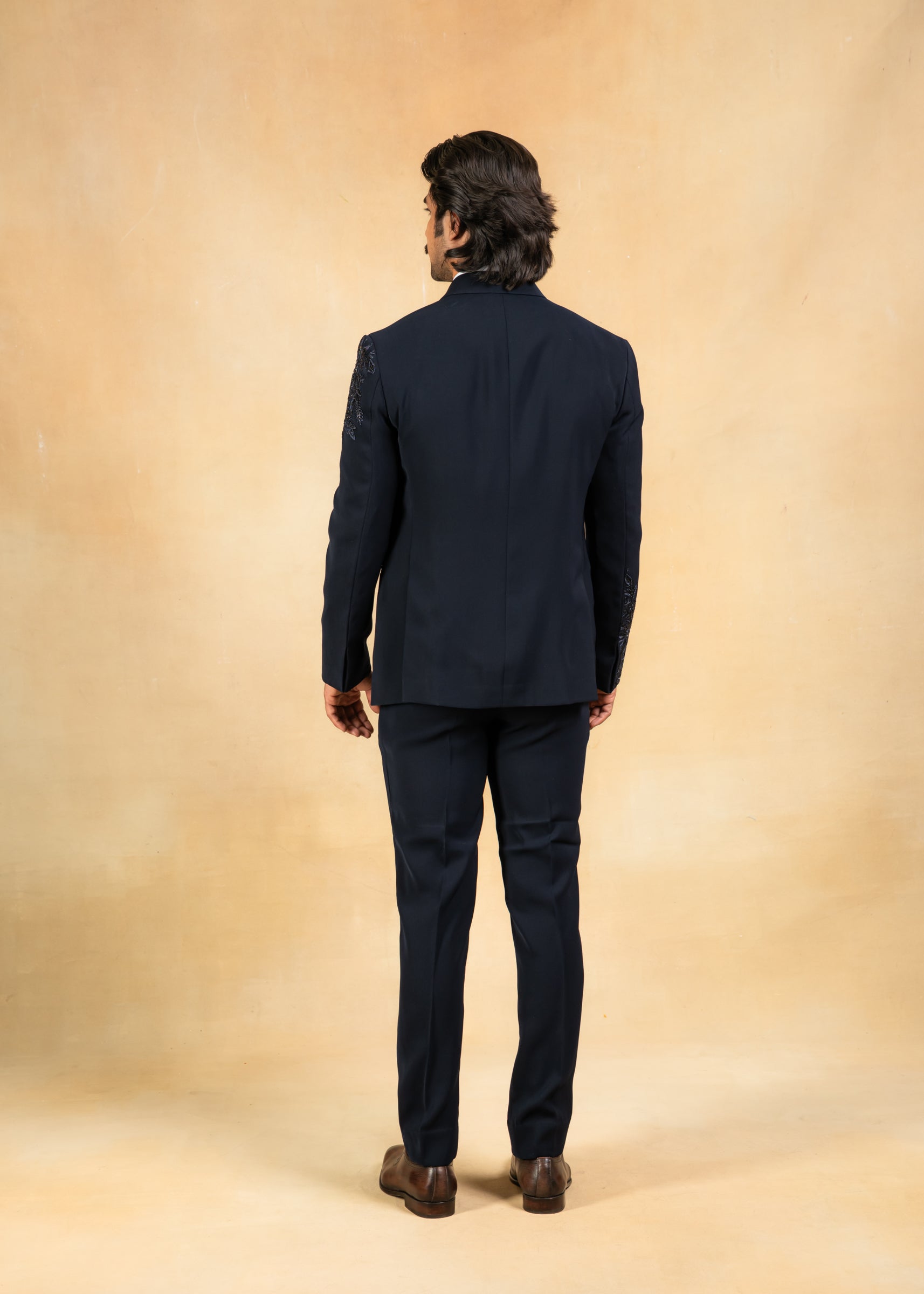 Navy blue hand embroidered tuxedo suit