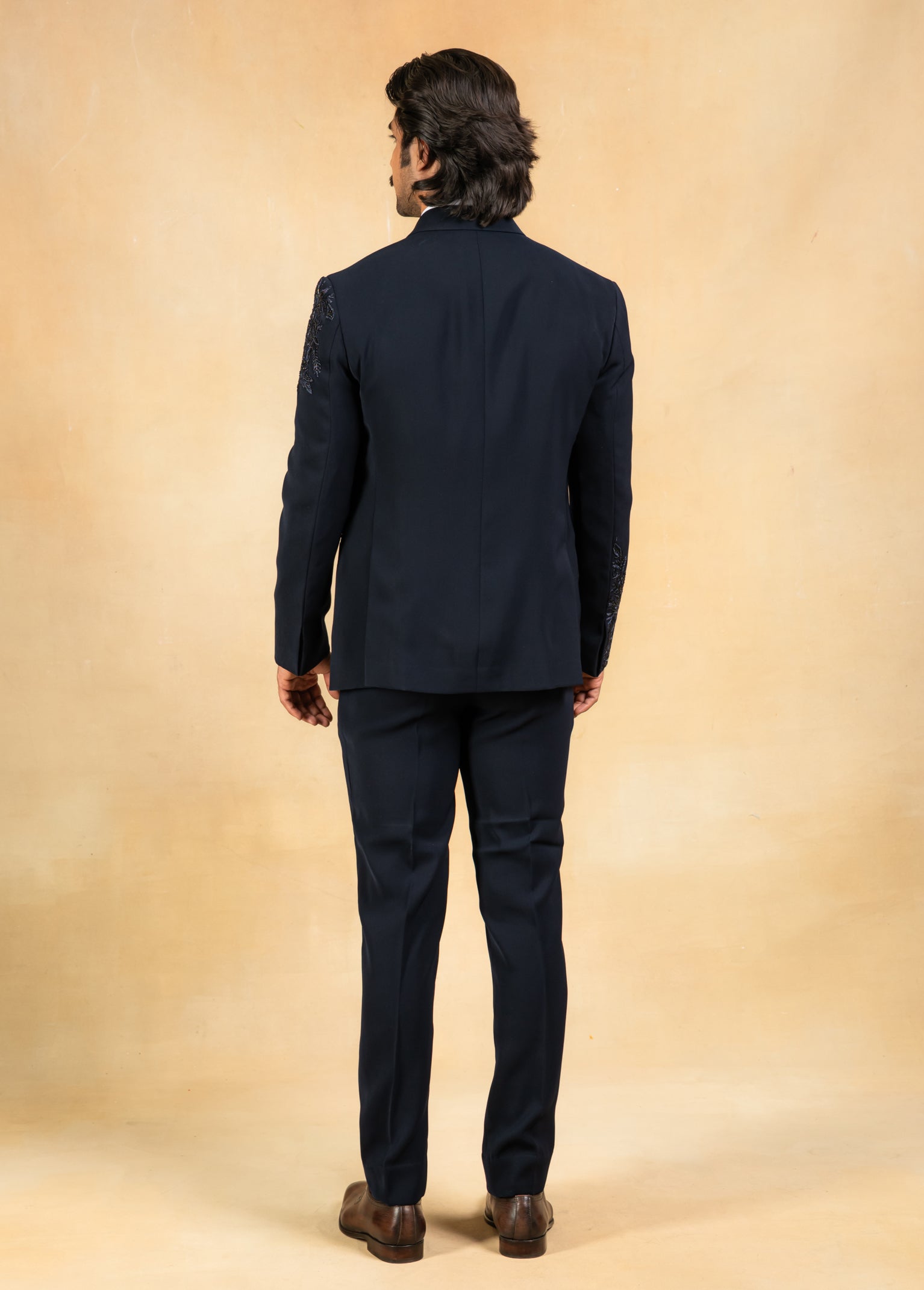 Navy blue hand embroidered tuxedo suit